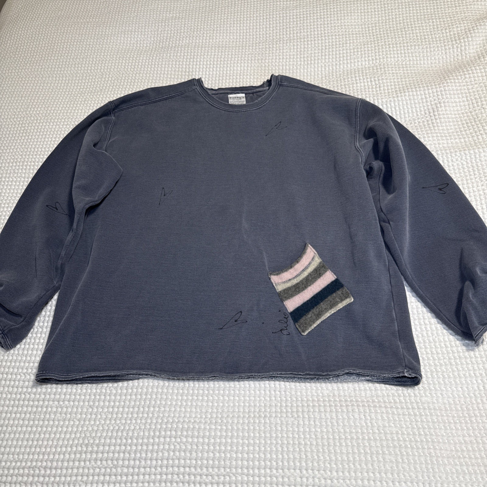 Kunkys Hand Painted Sweatshirt Womens XL Blue Faded Art Wear Distressed Hem Boxy