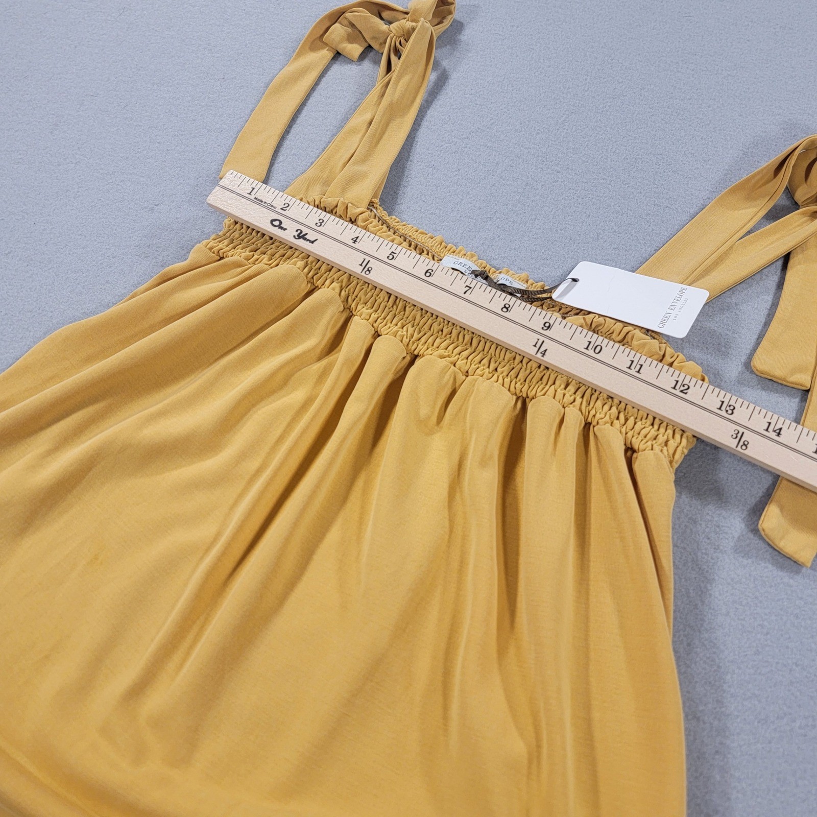 Green Envelope Anthropologie Tank Top Mustard Smocked Tie Strap Womens Small USA