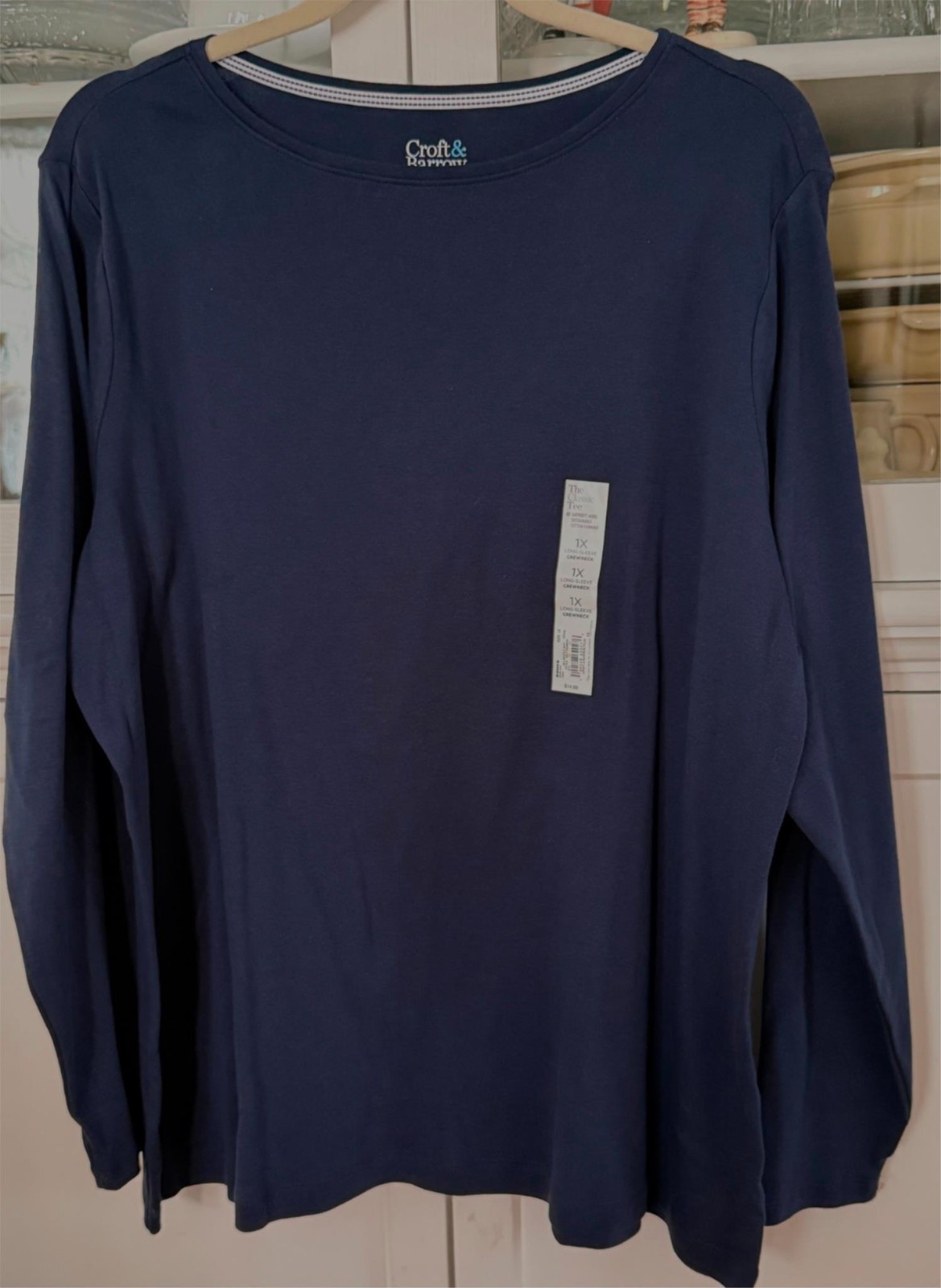 CROFT&BARROW CLASSIC TEE Woman PLUS 1X Cotton Top Shirt Crew Long Slee NAVY BLUE