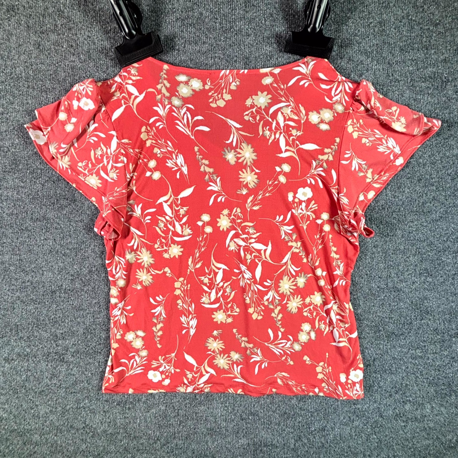 Tahari Blouse Women’s XL Coral Pink Floral Flutter Ruffle Sleeve Summer Top NWT
