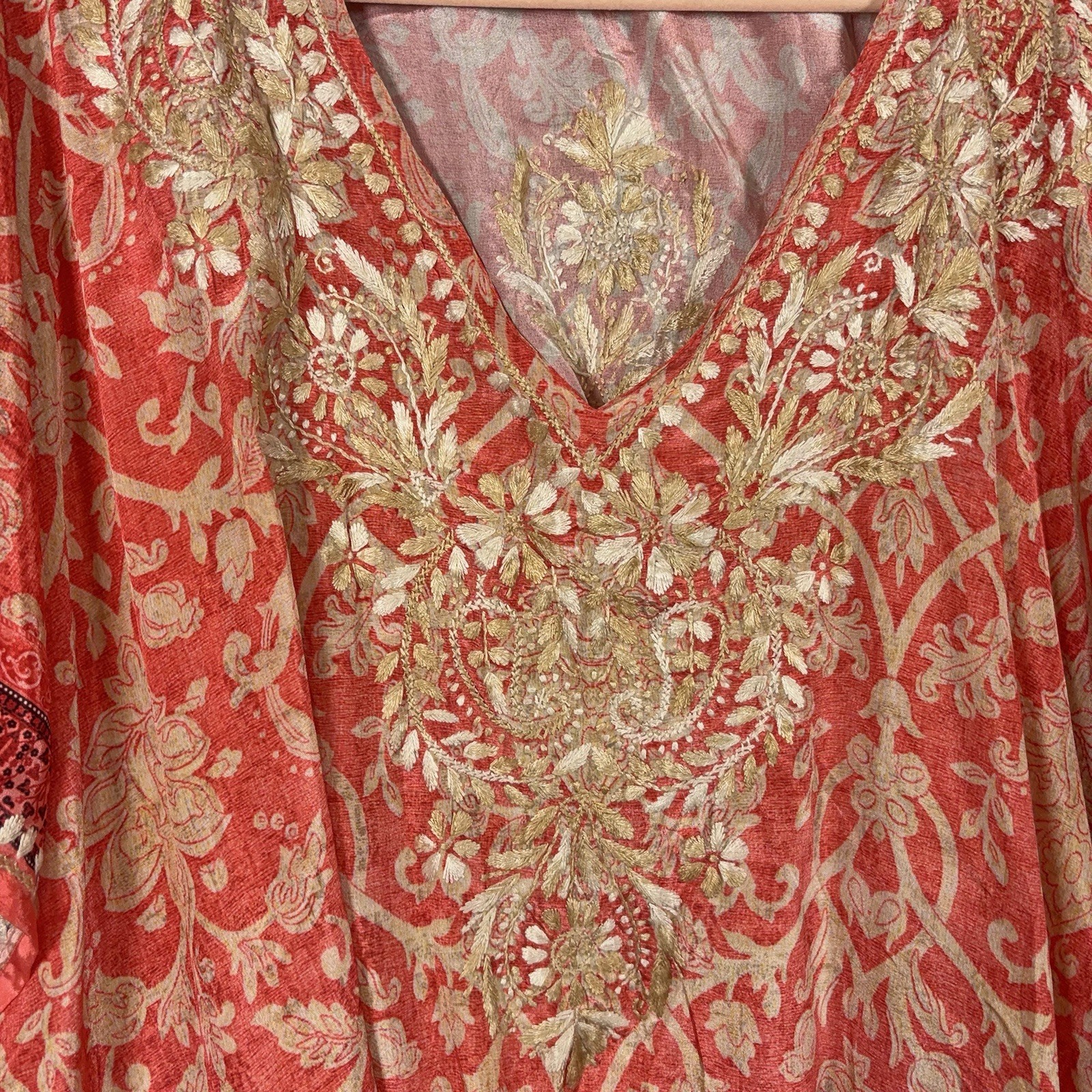 Sevya Handmade Kaftan Poncho One Size Red Polysilk Embroidered Boho