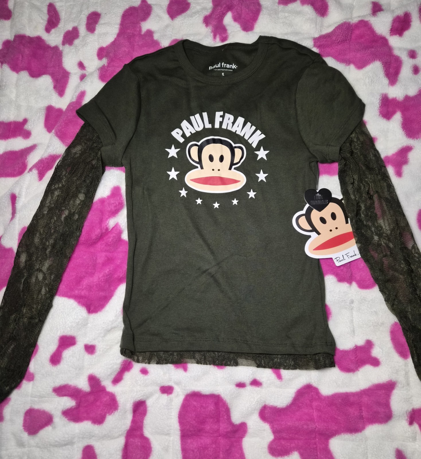 Juniors Small Paul Frank Julius Green Lace Layered Top w/ Thumbholes – NEW