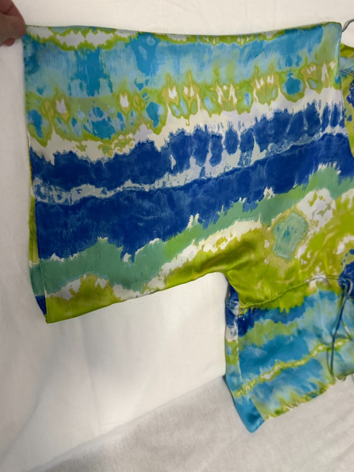 Chaps Women’s Abstract Blue Green V Neck Drawstring Kimono Sleeve Blouse Small