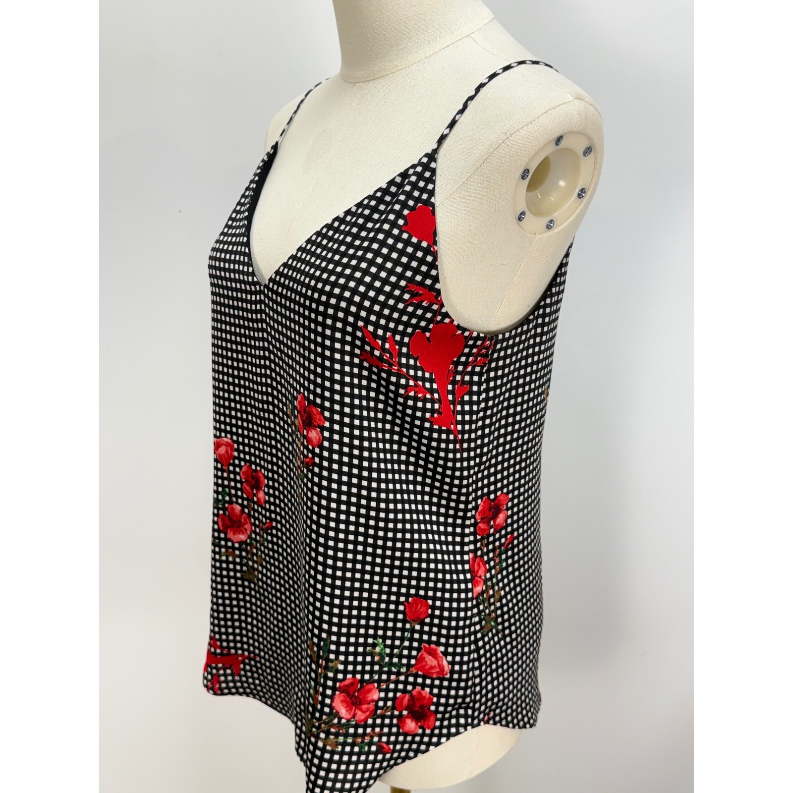 Express Gingham Floral Cami Tank Top Black White Red V-Neck Spaghetti Strap XS