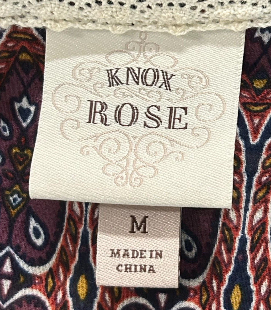 Knox Rose Top Womens Medium Purple Paisley Ruffle Lace Up Neck Tassel Sheer Boho