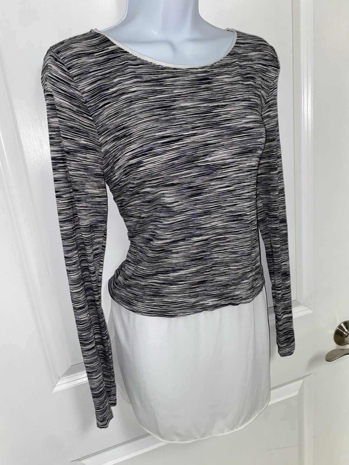 White House Black Market Black & Gray Layered Space-Dye Long Sleeve Top, Small