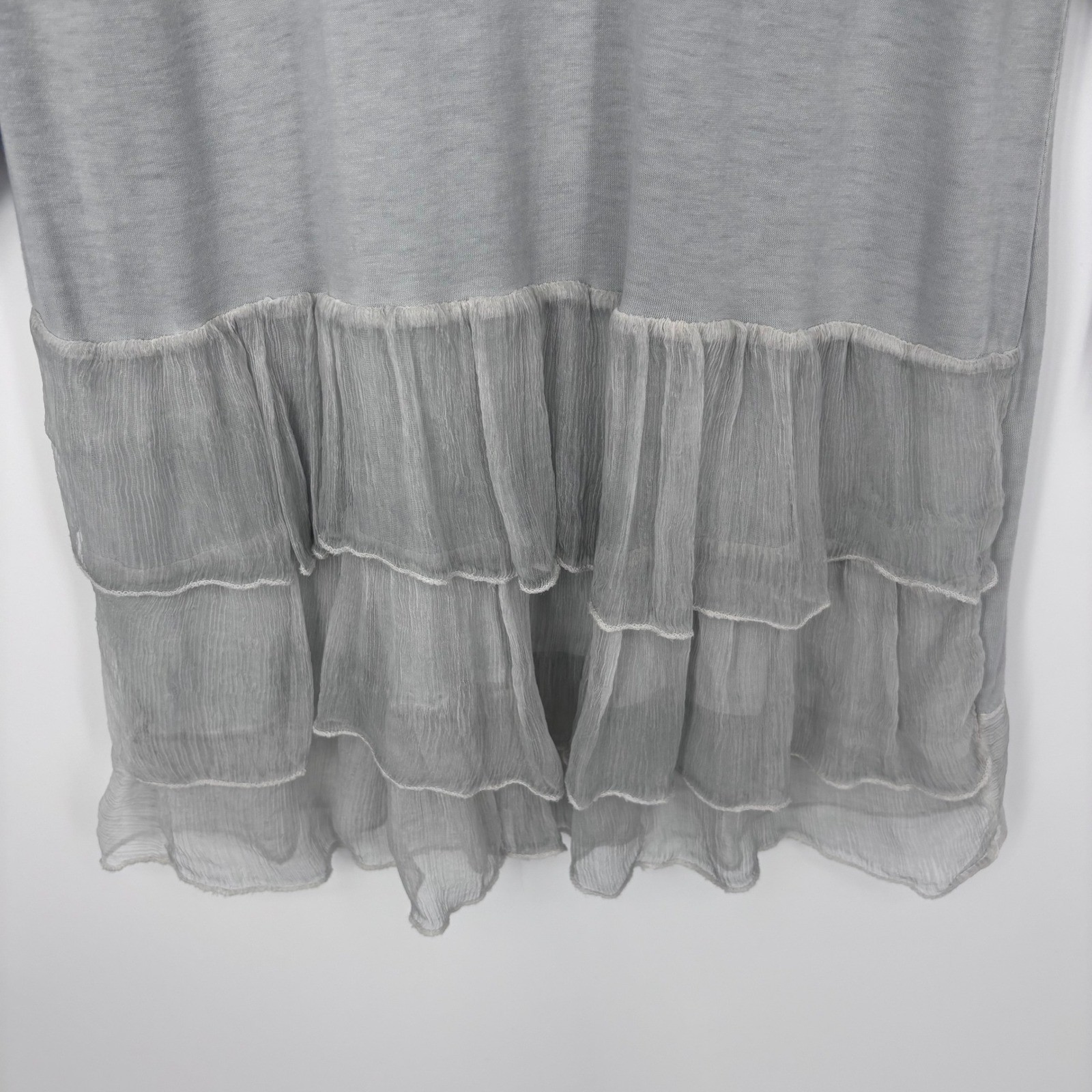 Scandal Tunic Top Womens S (Measured) Gray Ruffle Tiered Lace Italy Lagenlook