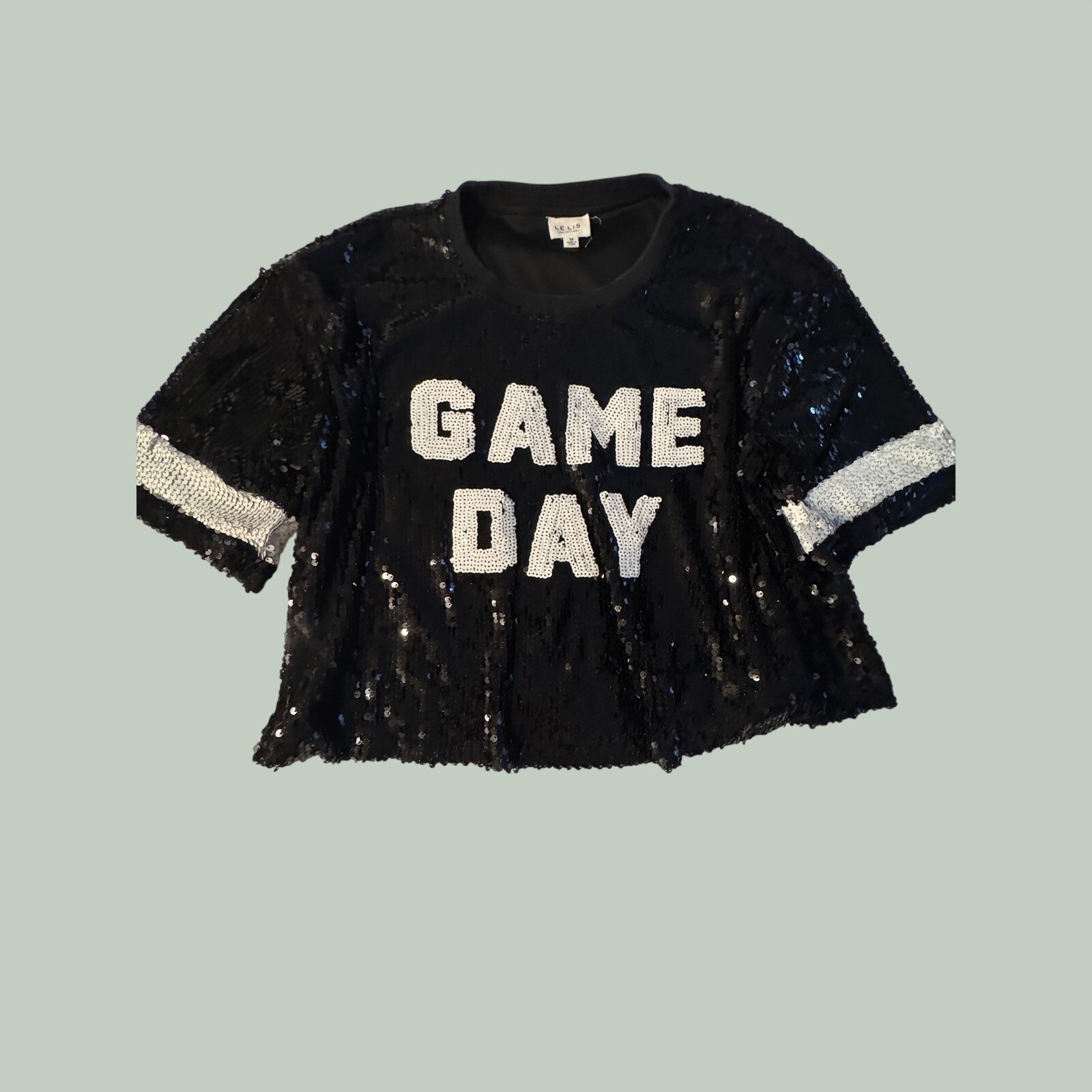 Le Lis Collection Womens Black Sequin Game Day Crop Top Short Sleeve Medium