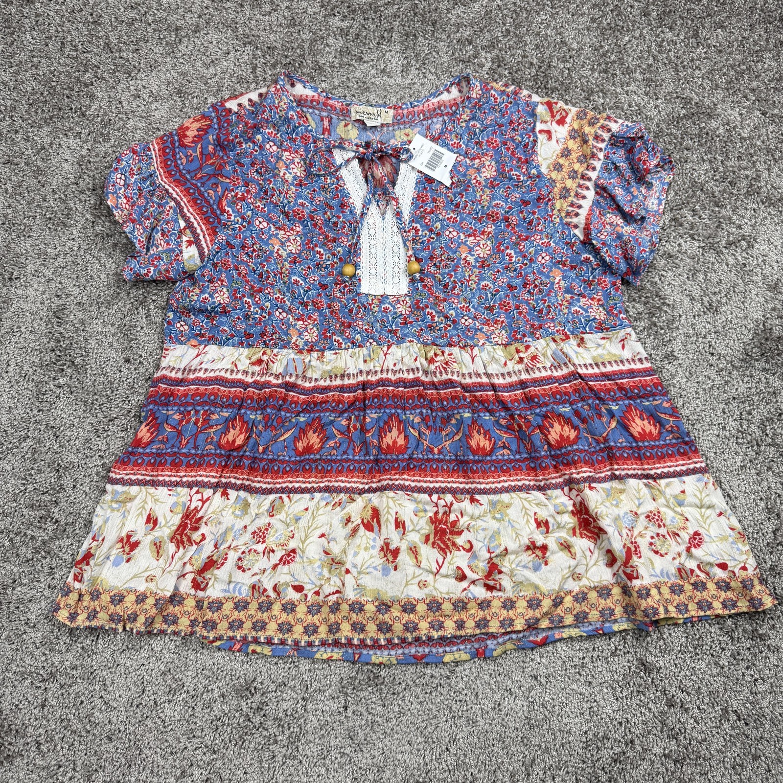 Womens Blouse Medium Boho Floral Print Split Neck Short Sleeve Flowy Cottagecore