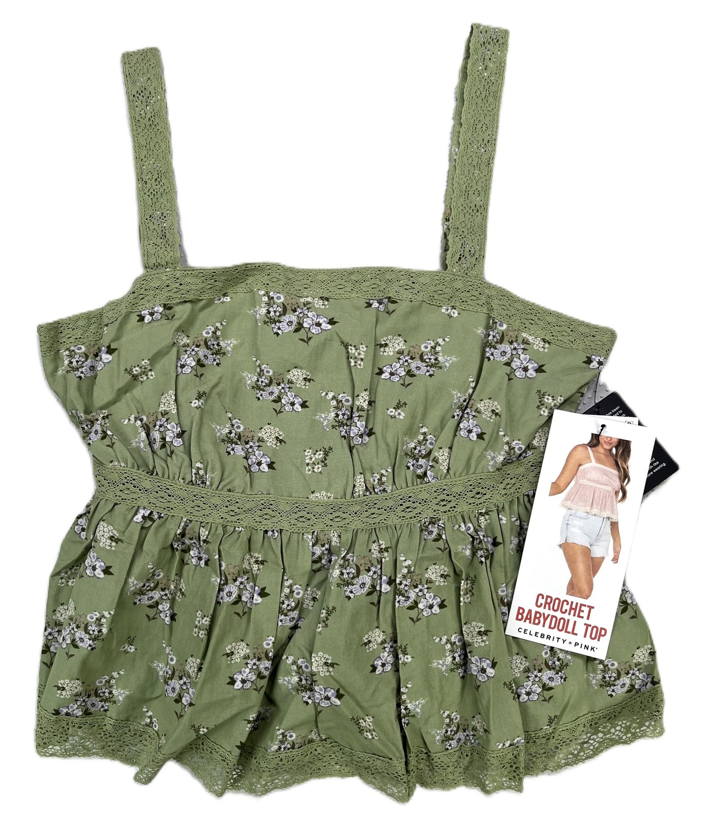 Celebrity Pink Juniors’ Women’s Crochet-Trim Babydoll Top Sage Floral Size S NWT