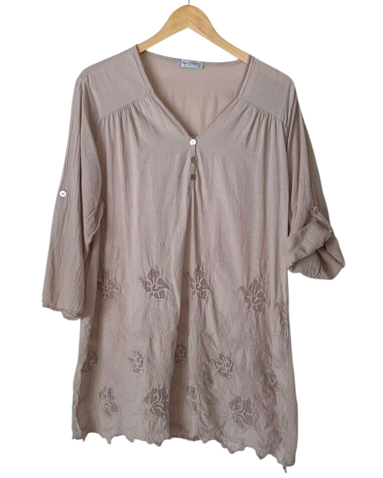 Tunic Blouse Women XL Beige Embroidered Feminine Floral Lightweight Boho Italy