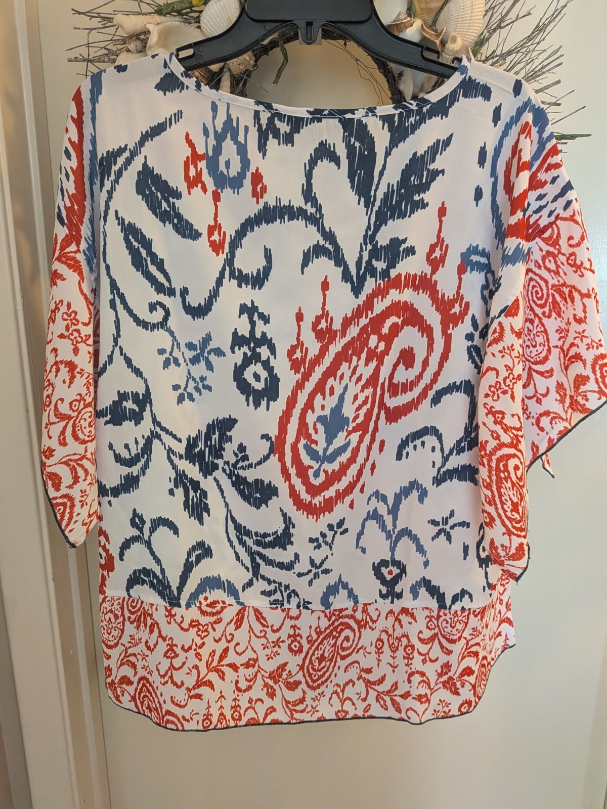Erin London RELAXED R/W/B Print SS Slight Sheer Sz. S Blouse New w/Tags