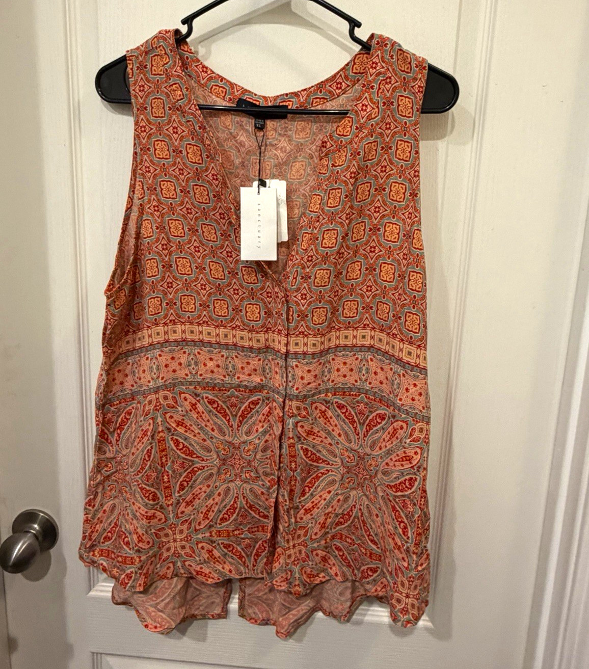 Sanctuary Women’s XL Orange Blue Paisley Sleeveless Round Neck Rayon Tank Top