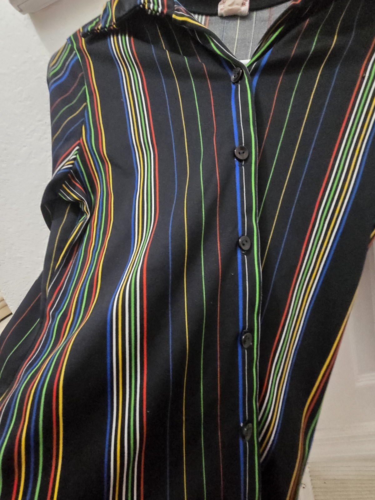 Vintage 1970s Styled by Sybil Mod Pinstripe Shirt Blouse Rainbow Black Button Up