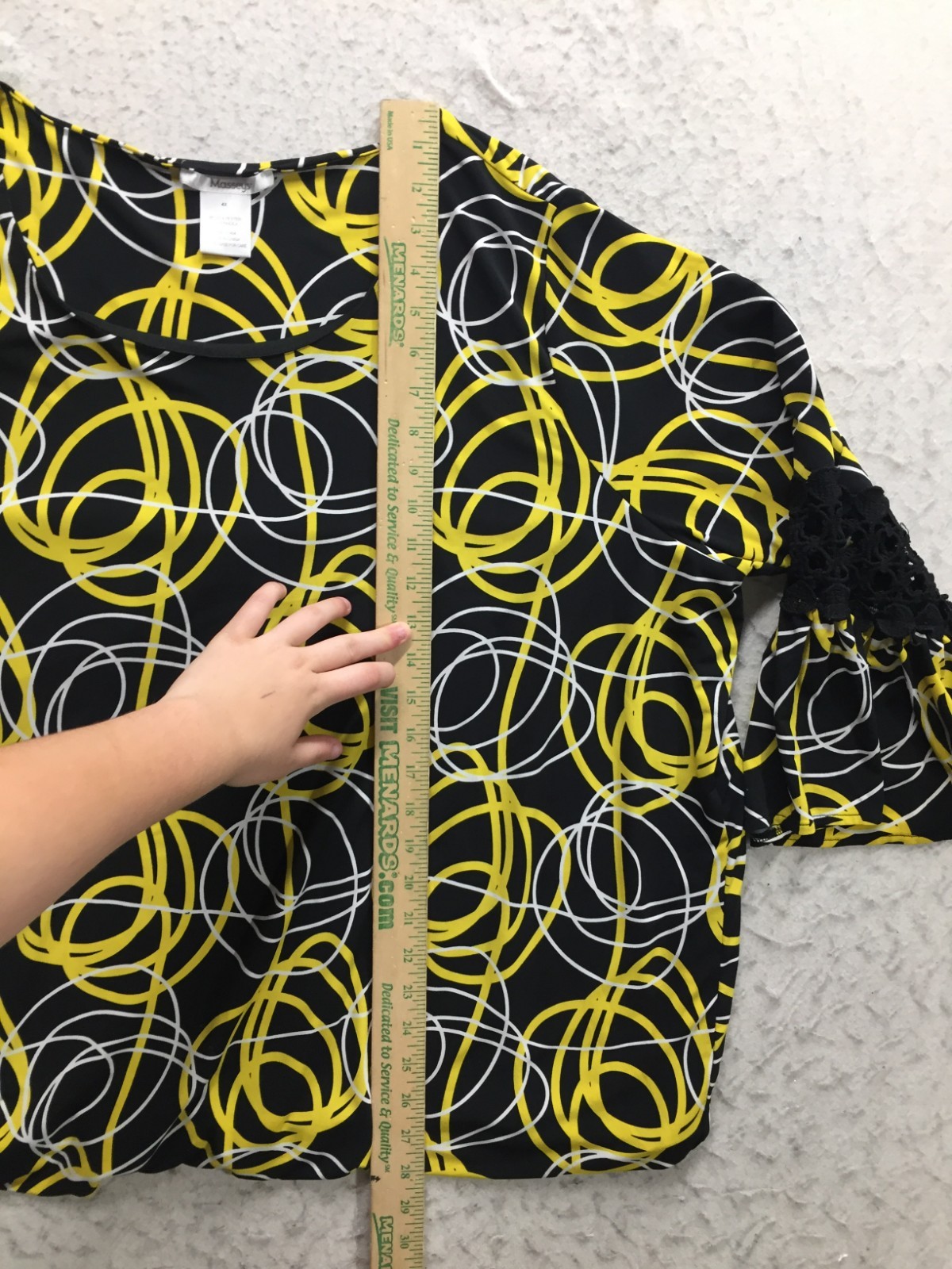 Masseys T Shirt Plus Size 4X Black White Yellow Circle Striped 3/4 Slv Crochet