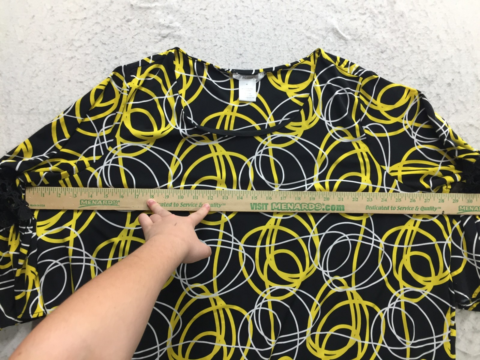 Masseys T Shirt Plus Size 4X Black White Yellow Circle Striped 3/4 Slv Crochet