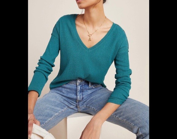Anthropologie Crinkle Deep V Neck Long Sleeves Top, Large, Aqua Blue Green