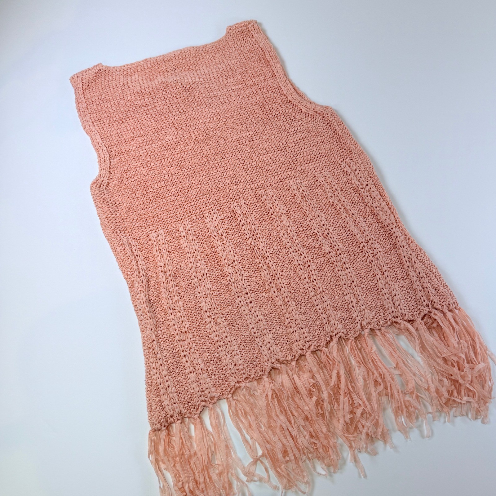 Max Studio Peach Knit Sleeveless Fringe Hem Top Keyhole Tie Womens Medium 269C3