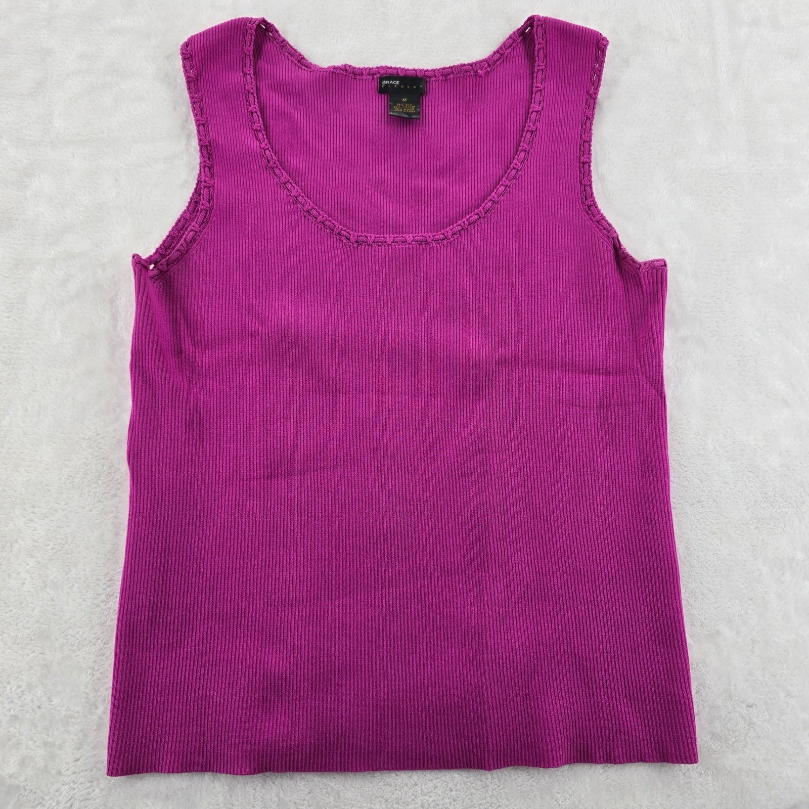 Grace Element Tank Top Womens Medium Tank Magenta Silk Blend Ribbed Crochet Trim