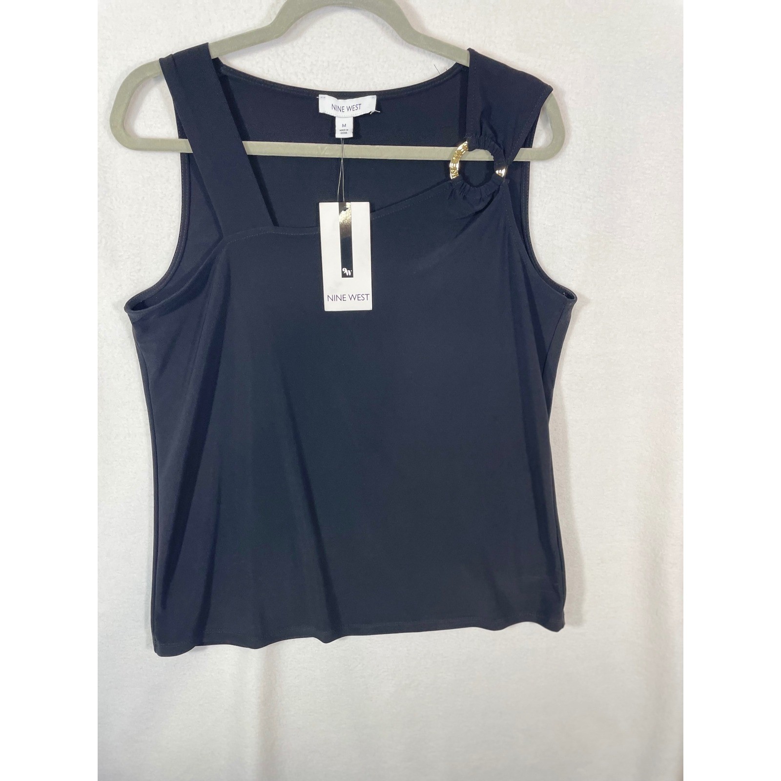 Nine West Women’s Tank Top Black Sleeveless Gold Ring Detail Size M Square Neck