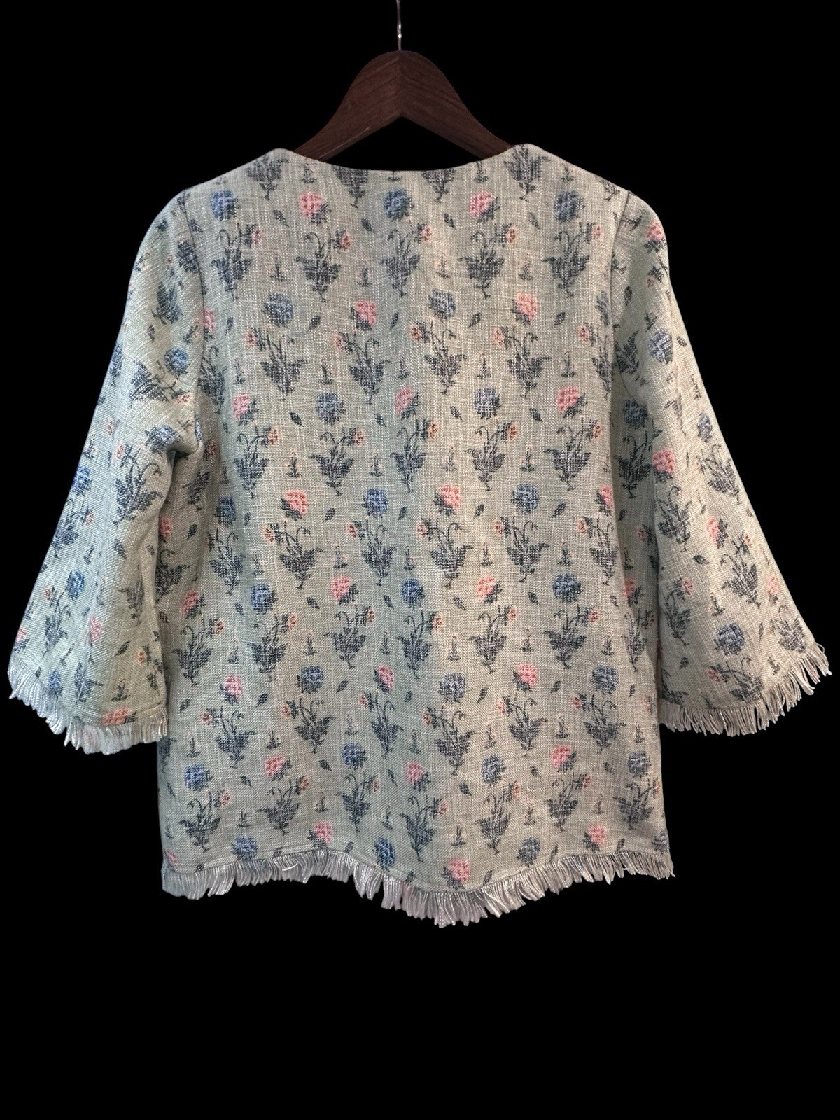 Tuckernuck Block Print Inspired Floral Fringe Detail Linen Blend Top Sage Sz M