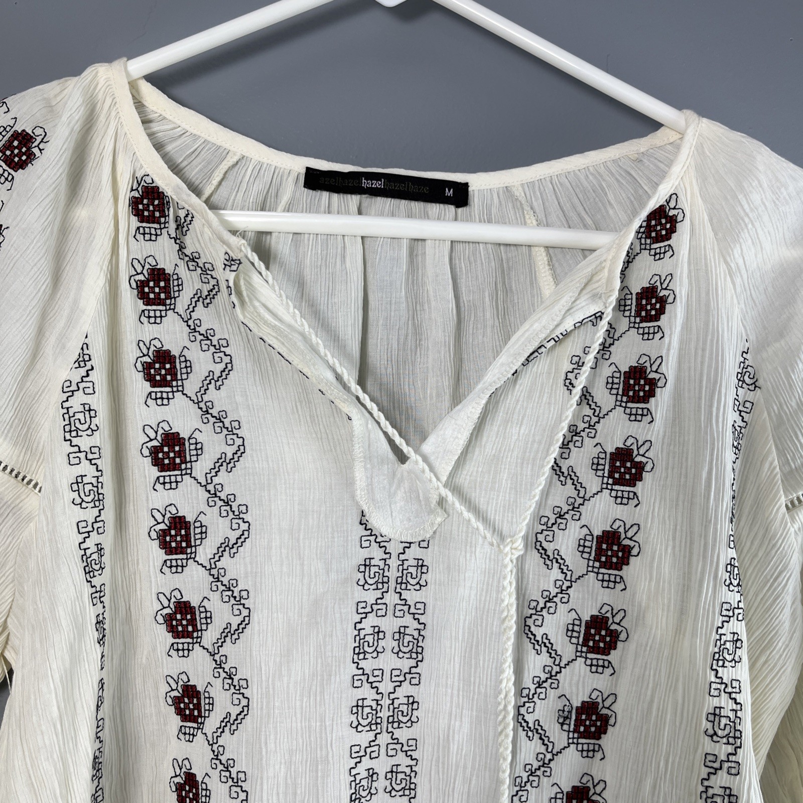 Hazel Woman’s Bohemian Peasant Top Size Medium White Floral Hippie Witchy