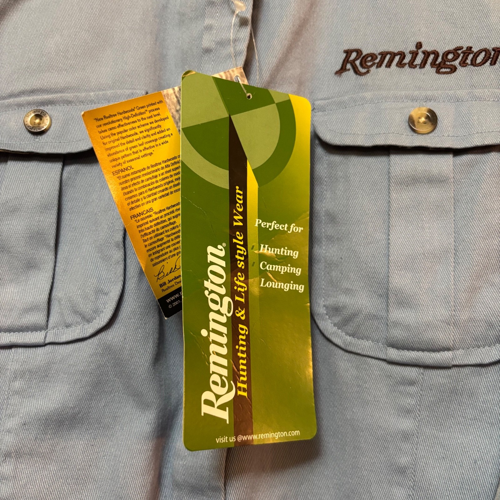 Remington Ladies Long Sleeve Button Down Blue Camo Trim M Discolored