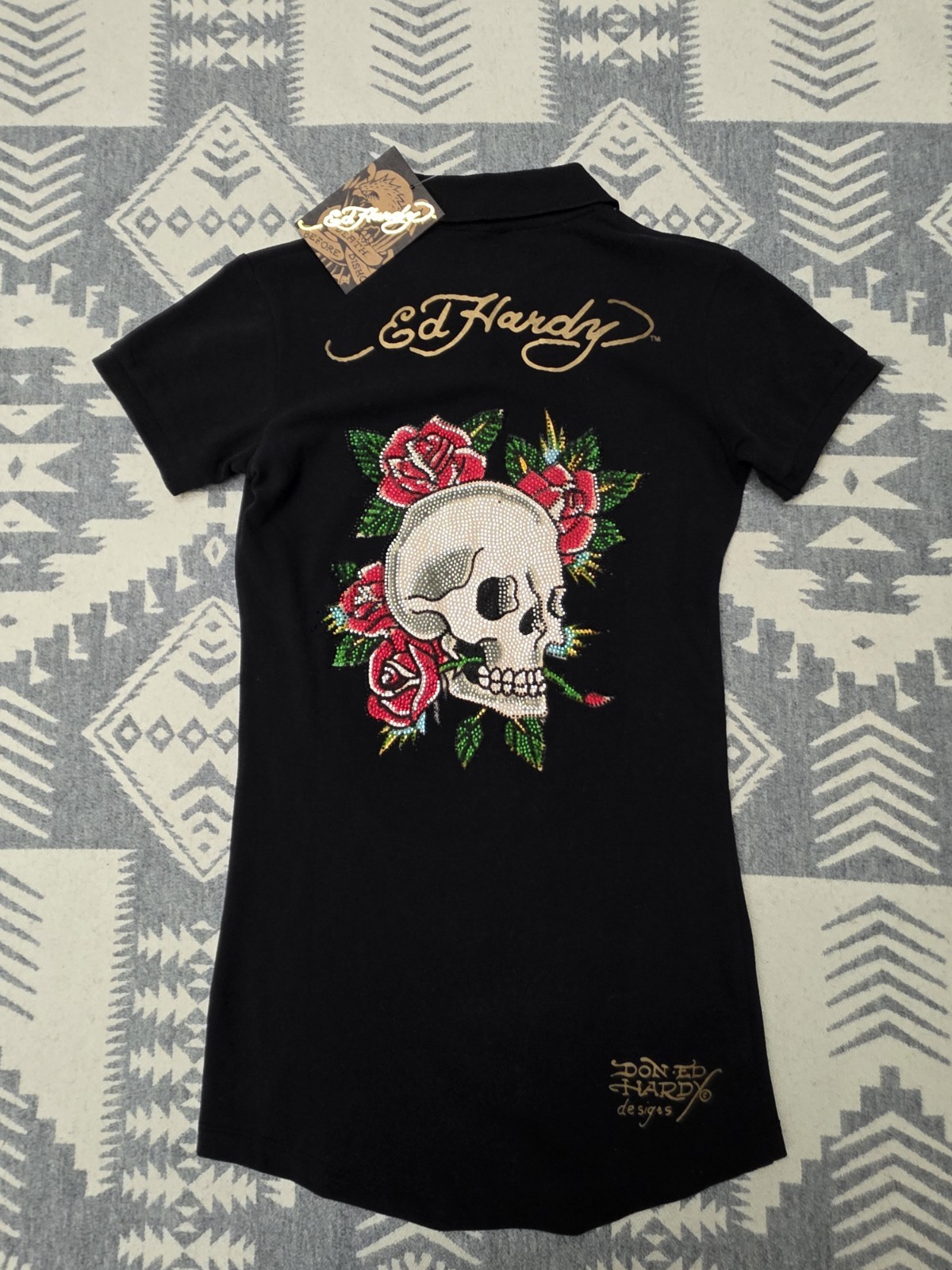 VTG Y2K Christian Audigier Ed Hardy Polo Shirt Women’s M Jeweled Roses Skull NWT