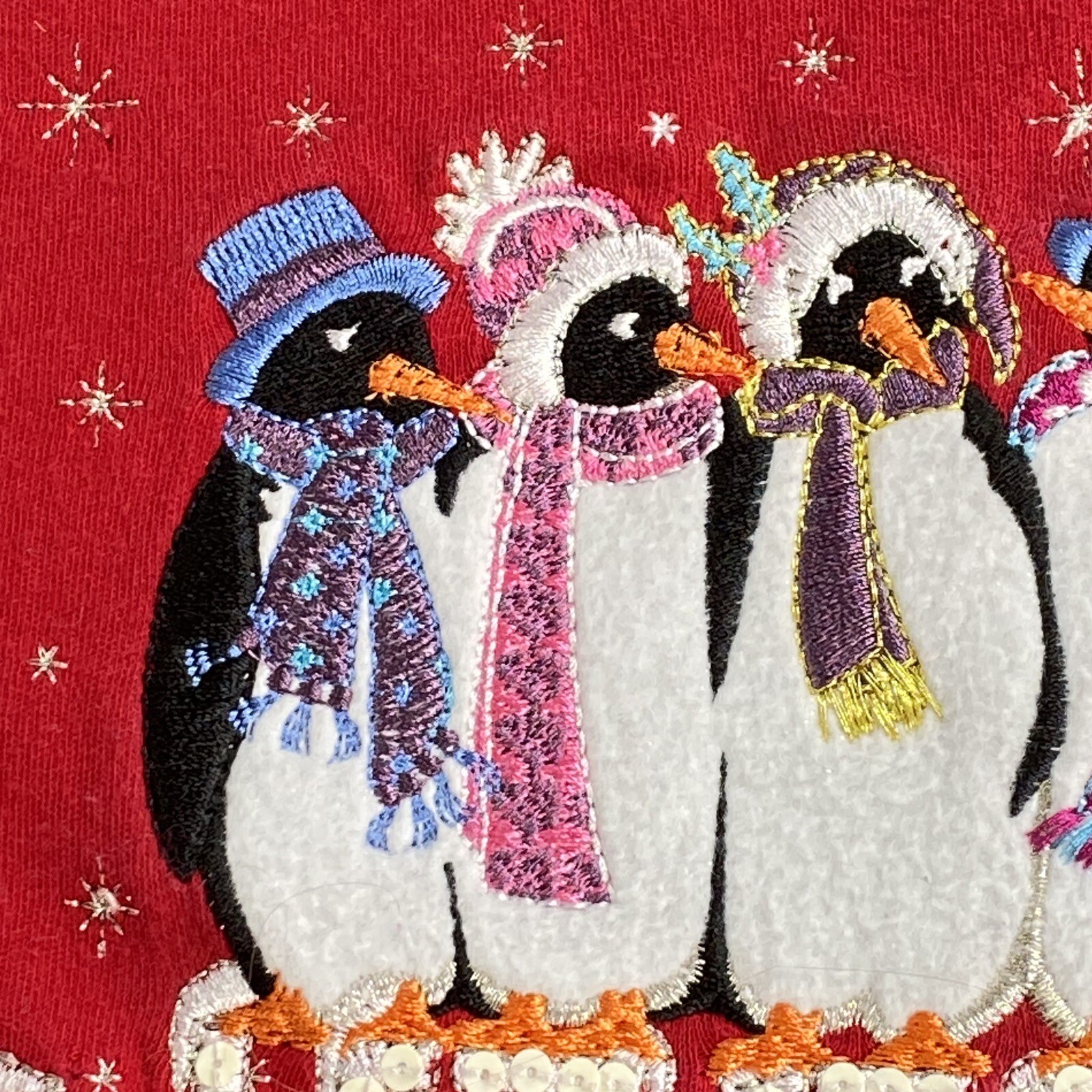 Christmas Let It Snow Penguin Top Women M Red Embroidered Sequin Holiday Winter
