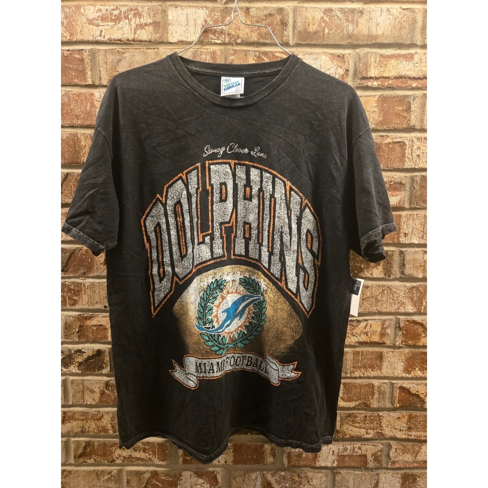 Miami Dolphins T Shirt 47 Brand Vintage Glitter Tubular NFL Football Black L New