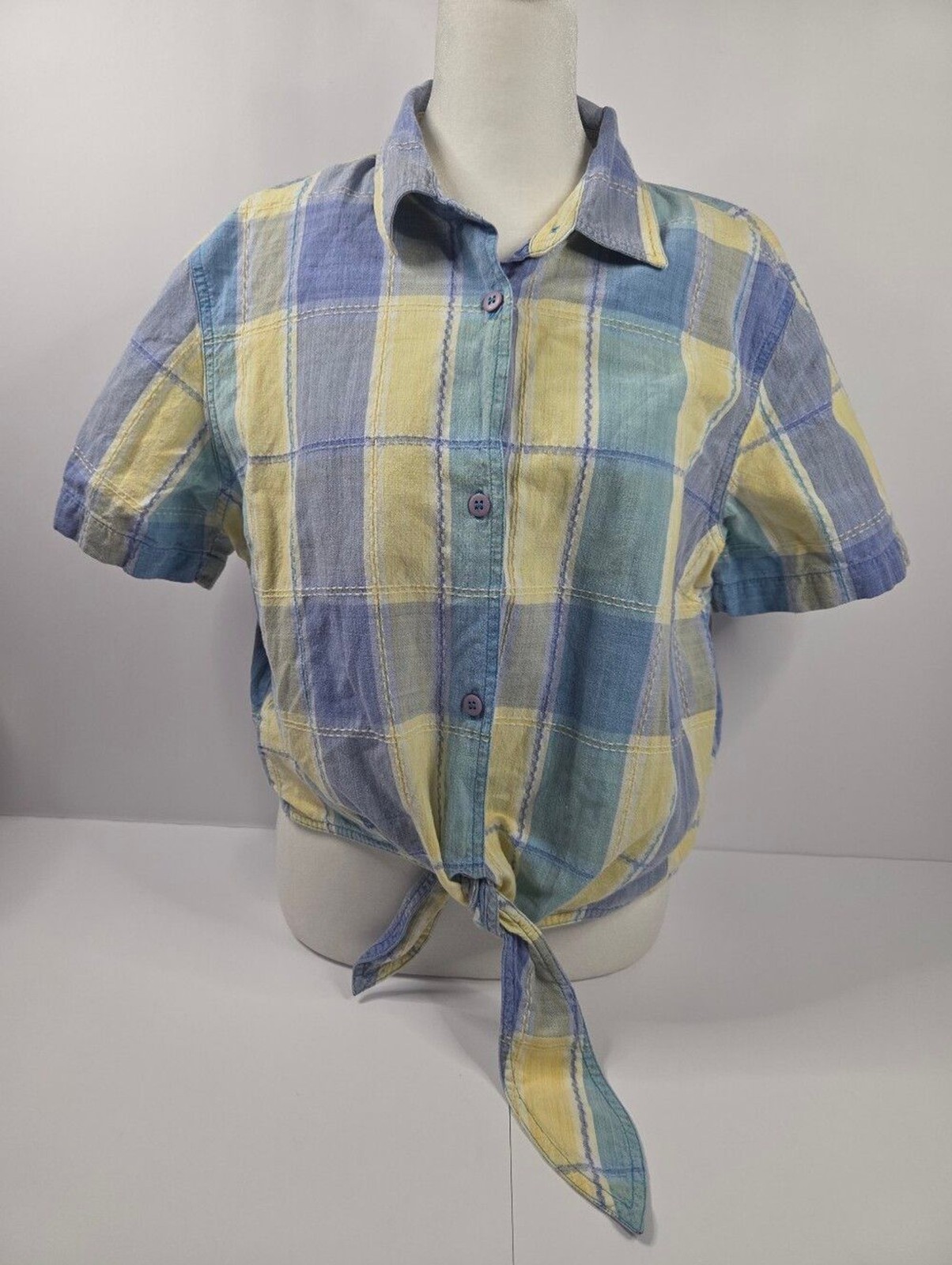 Lemon Grass Plaid Tie Front Button Down Top Pastel Blue Yellow Cotton Women XL