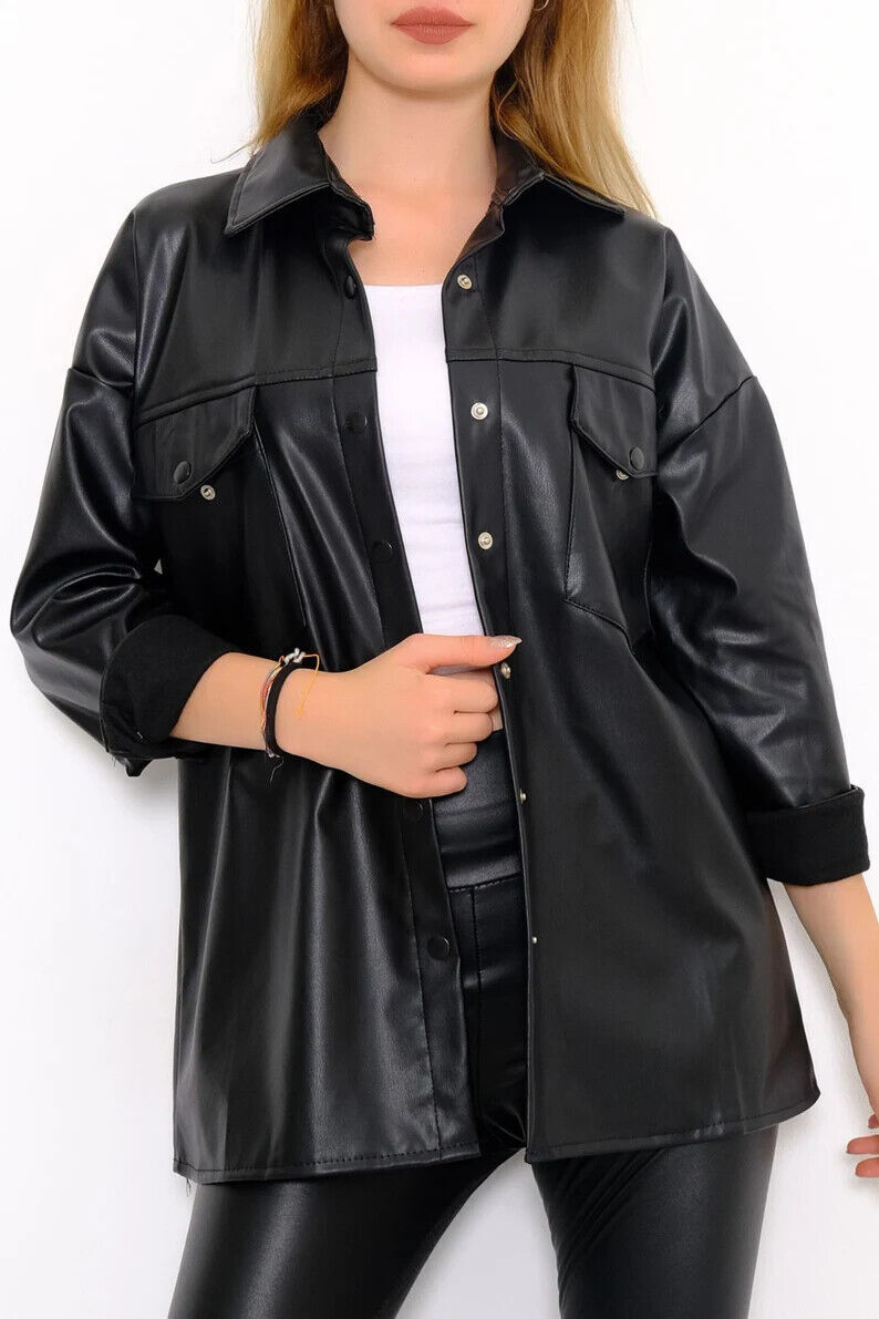 Stylish BLACK Women’s Leather Shirt Genuine Lambskin Handmade Formal Casual Wear