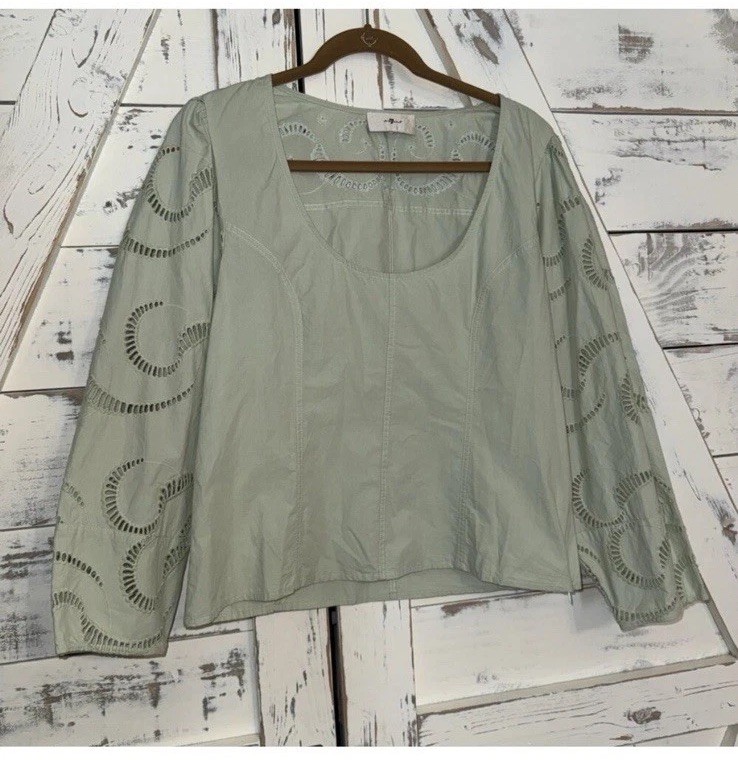 7 FOR ALL MANKIND Balloon Sleeve Cutout Long Sleeve Sea Green Blouse Boho Top M