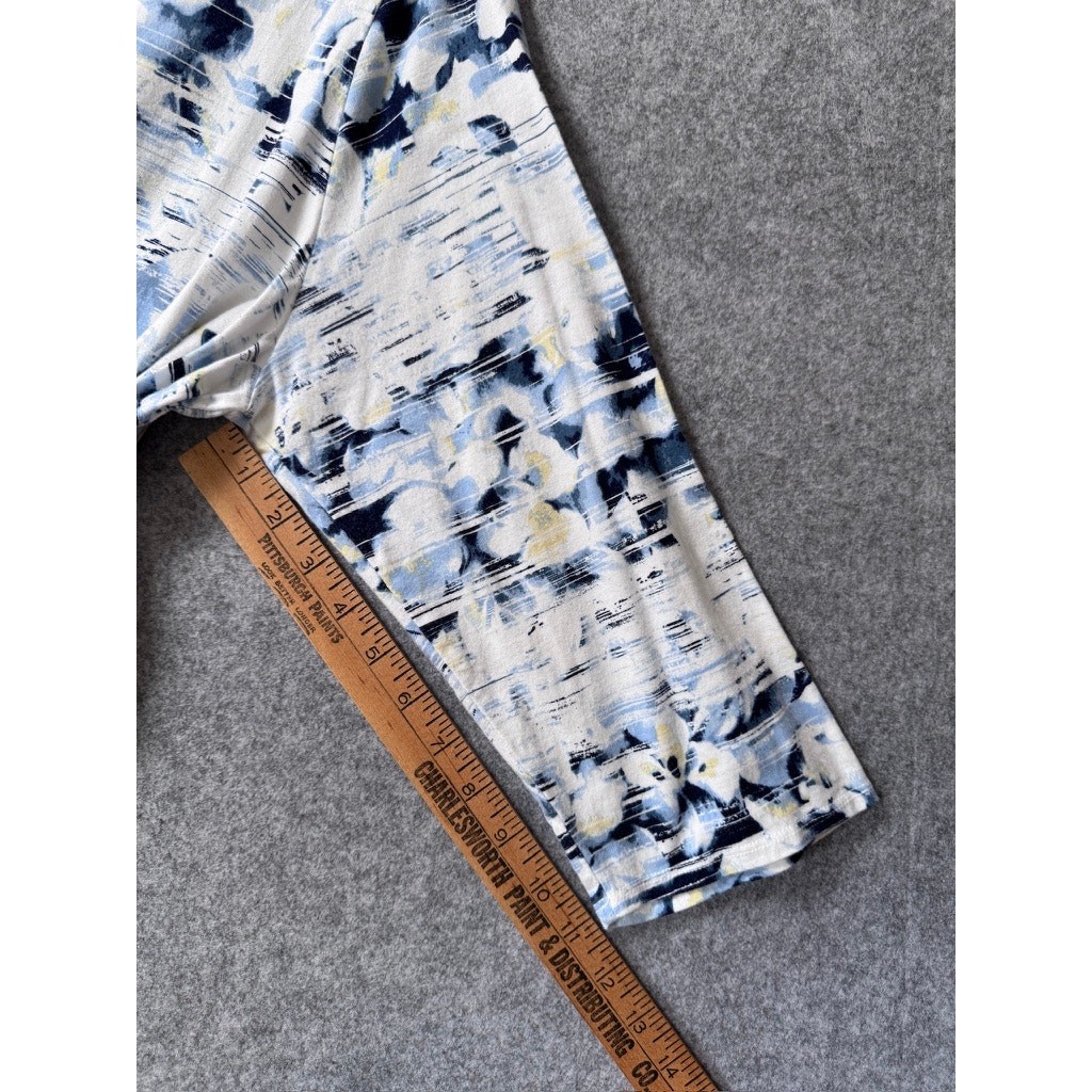 CJ Banks Floral Abstract Print Top 1X Blue White Yellow Cotton Modal 3/4 Sleeve