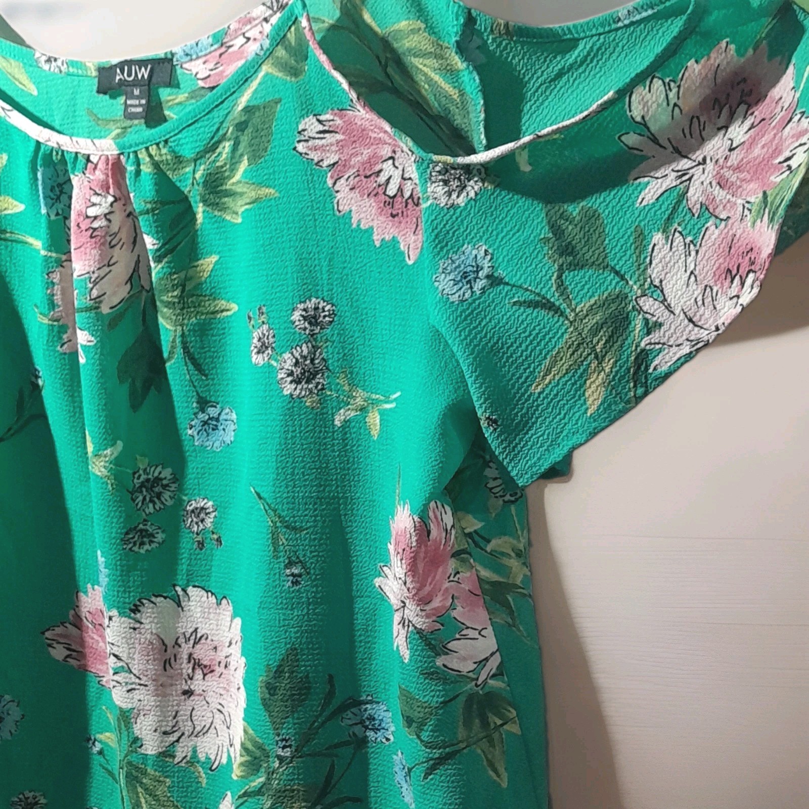 AUW Women’s Green Pink White Multicolor Floral Cold Shoulder Blouse M Regular