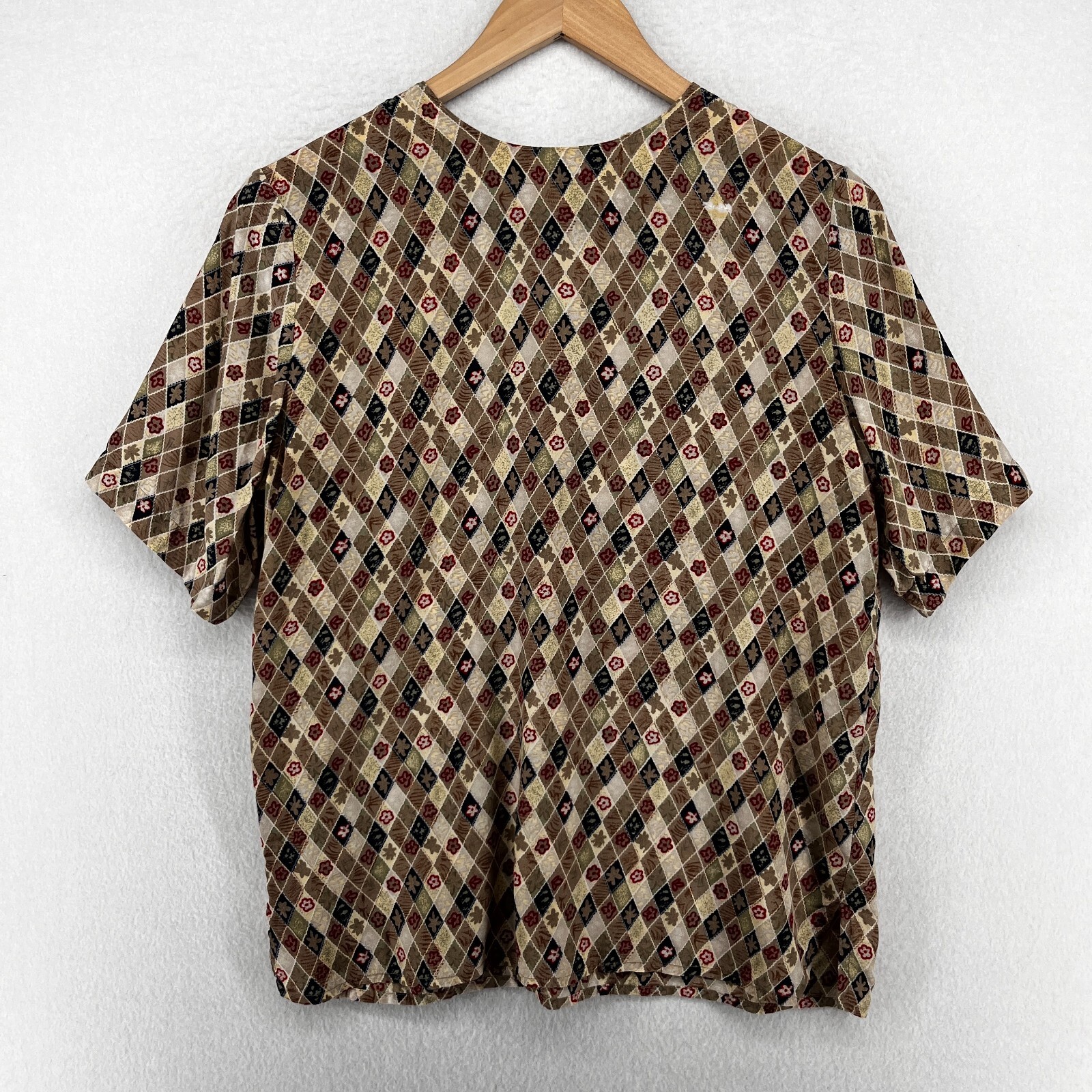 QUO-SILK Top Womens S Silk Floral Patchwork Keyhole Back Short Sleeve Brown Vtg