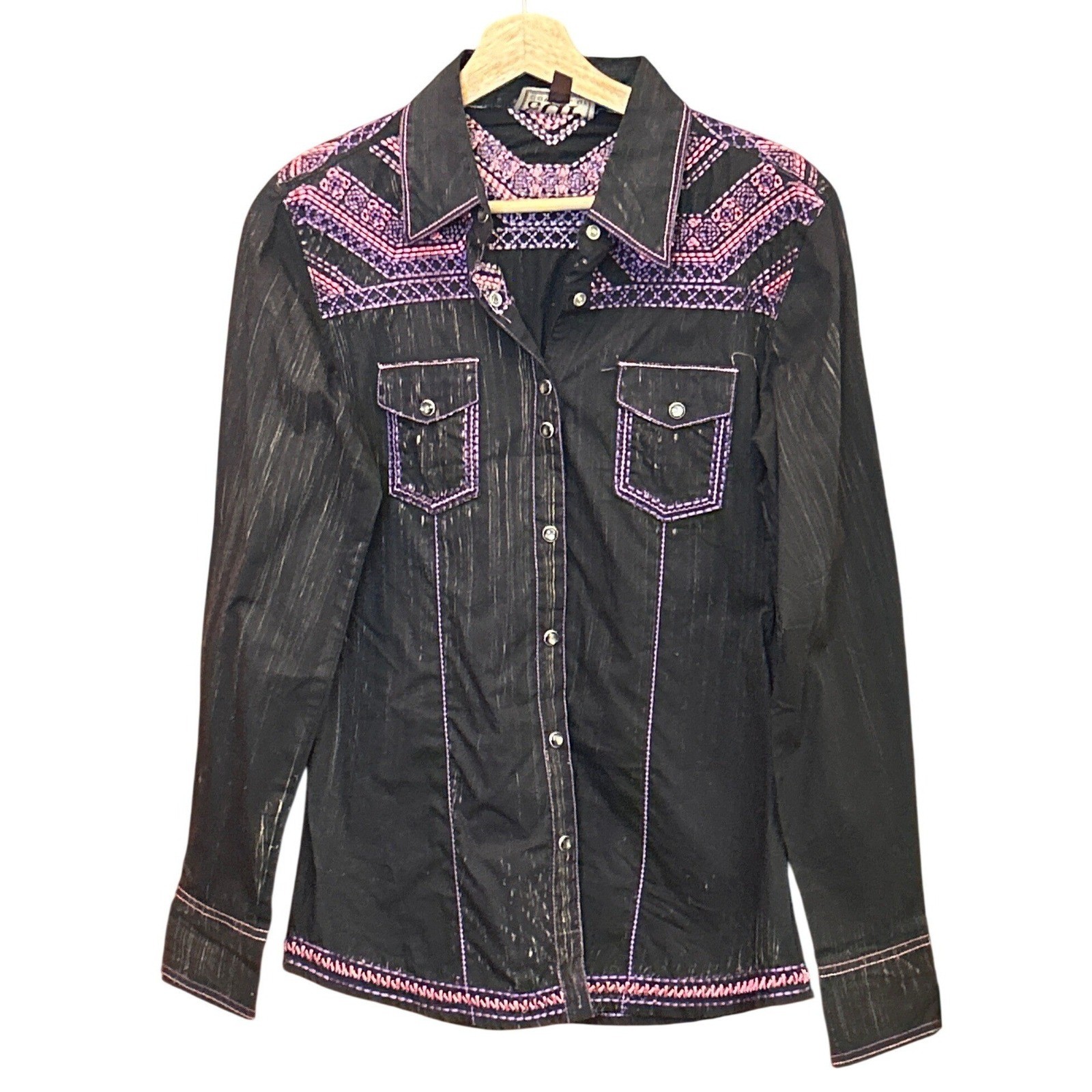 Vintage Cowgirl Up Western Snap Shirt S Black Purple Pink Embroidered Rodeo Top