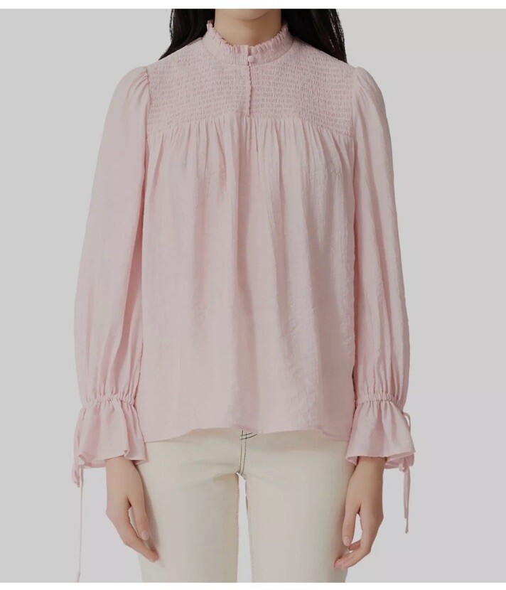 NWOT MAJE Pink Smocked Long-Sleeve Ruffle Blouse (Size 2/M)