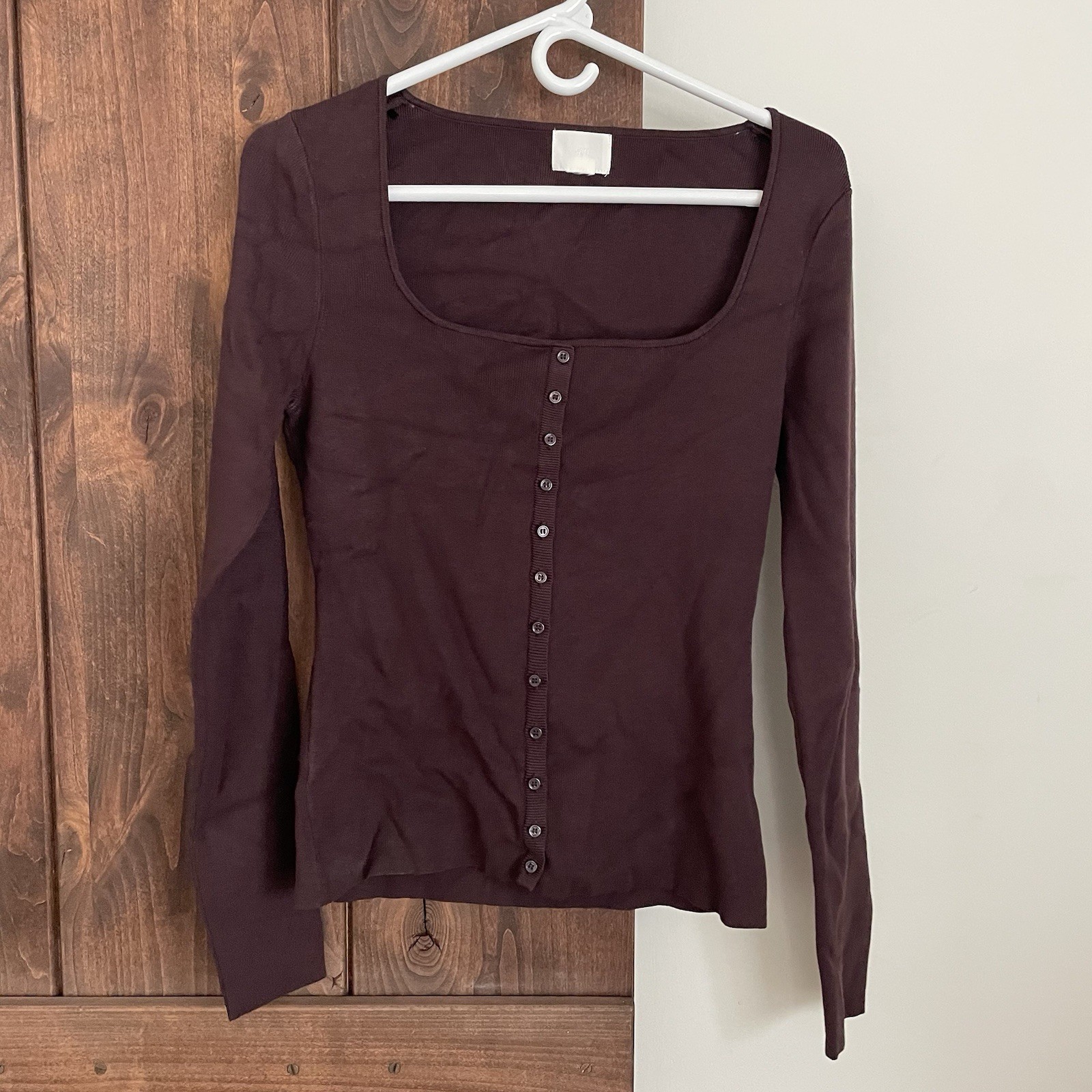 H&M Burgundy Ribbed Square Neck Long Sleeve Top Size Medium Knit