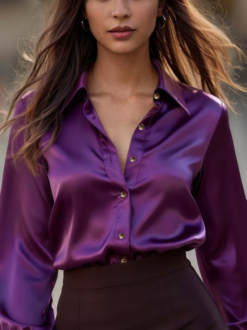New Classy Elegant Luxurious Sexy Purple Satin Long Sleeve Blouse XL NEW