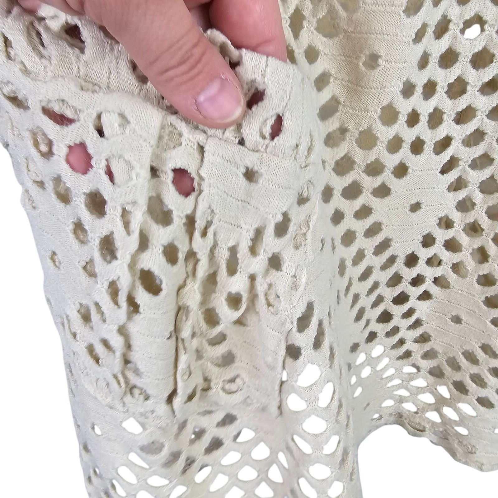 Crochet Tunic Women M Acrylic Coverup Cream V-Neck Boho Open Knit Pockets Beach