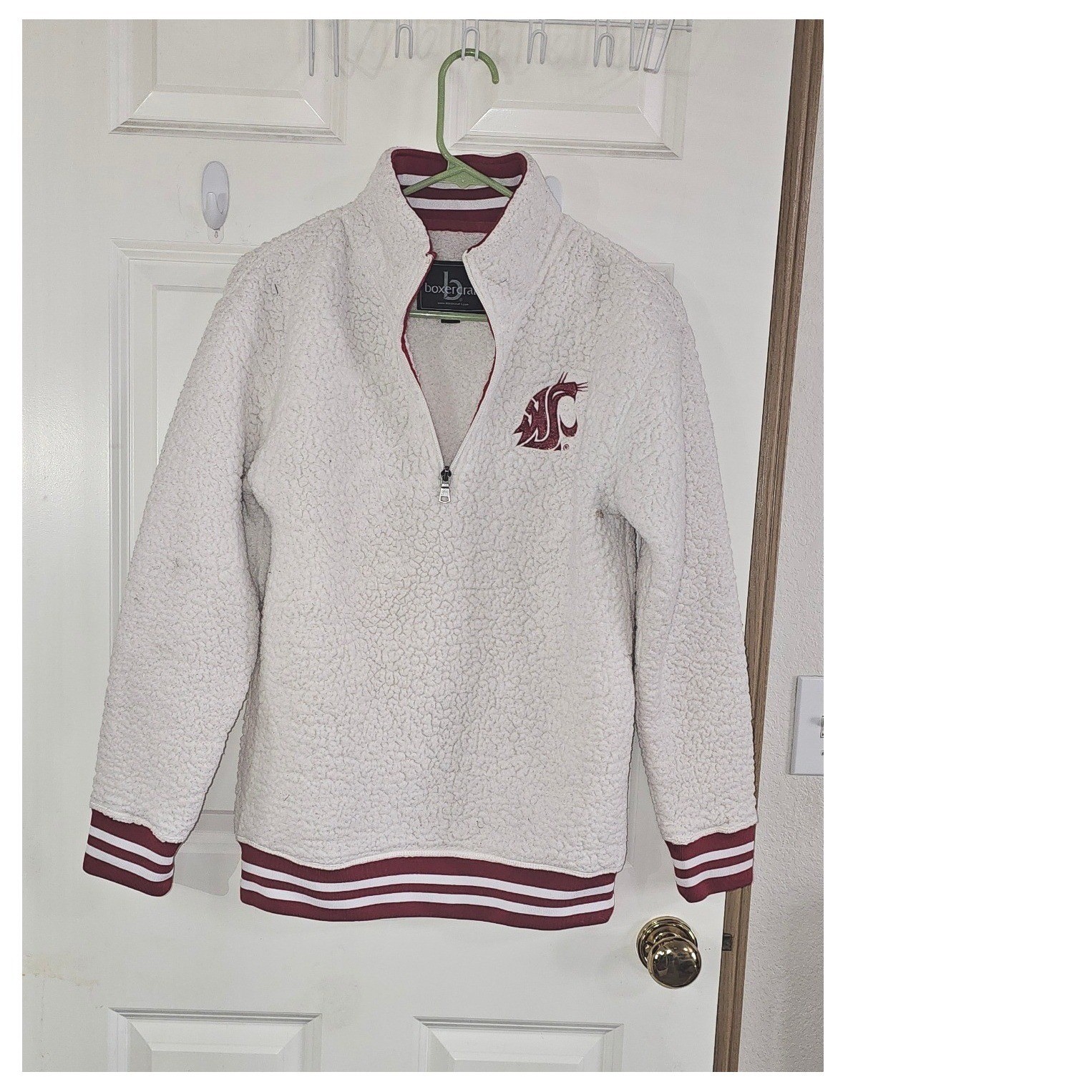 Boxercraft WSU Cougars Sherpa Fleece Quarter Zip Pullover Cream Crimson Small