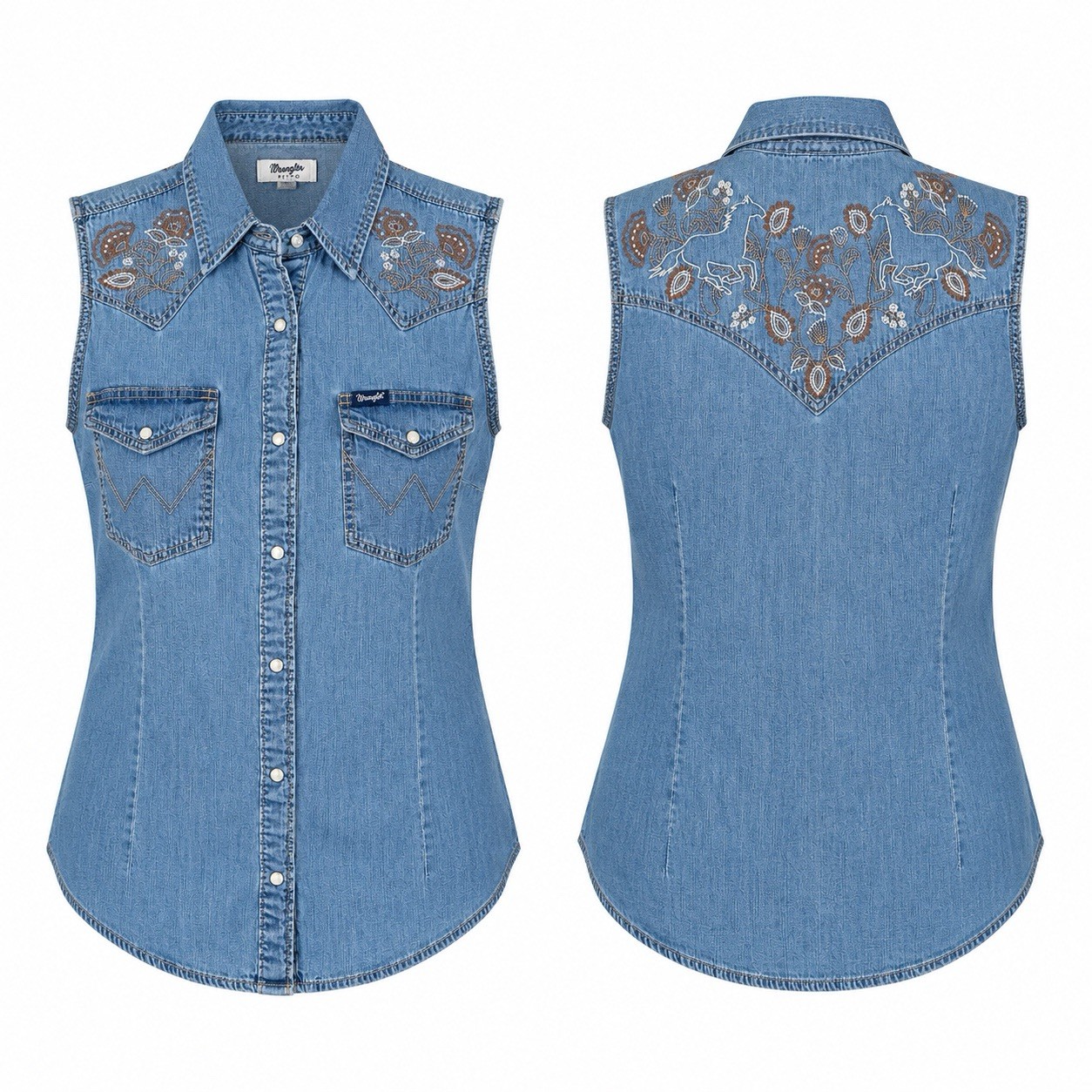 Wrangler Retro Women’s M Embroidered Denim Sleeveless Snap Western Shirt NWT