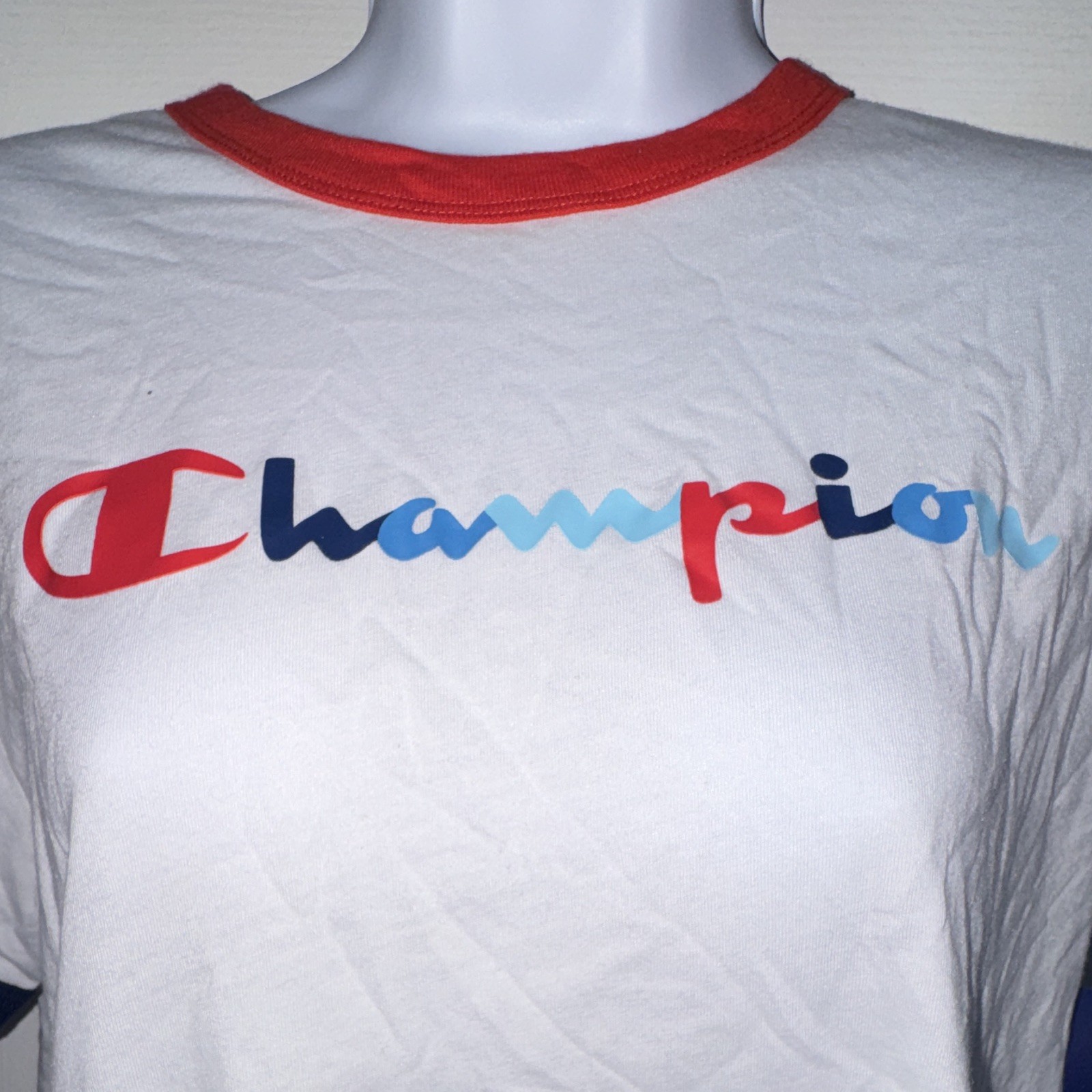 Champion Campus Ringer Tee White/Red/Blue Logo women M