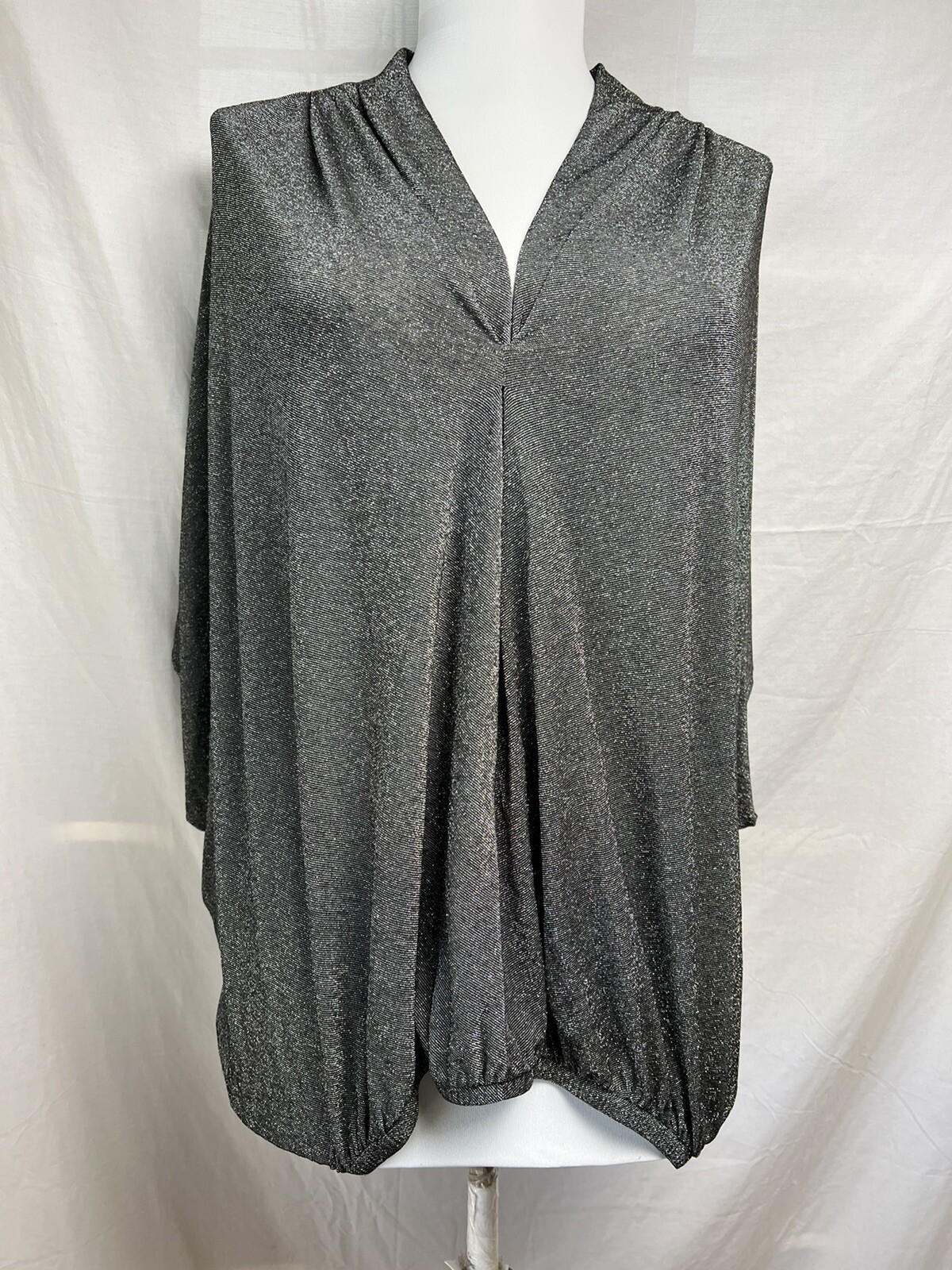 Ramy Brook Metallic V-Neck Top OS OSFA Black Silver Bat-Wing Sleeve XS S M L XL