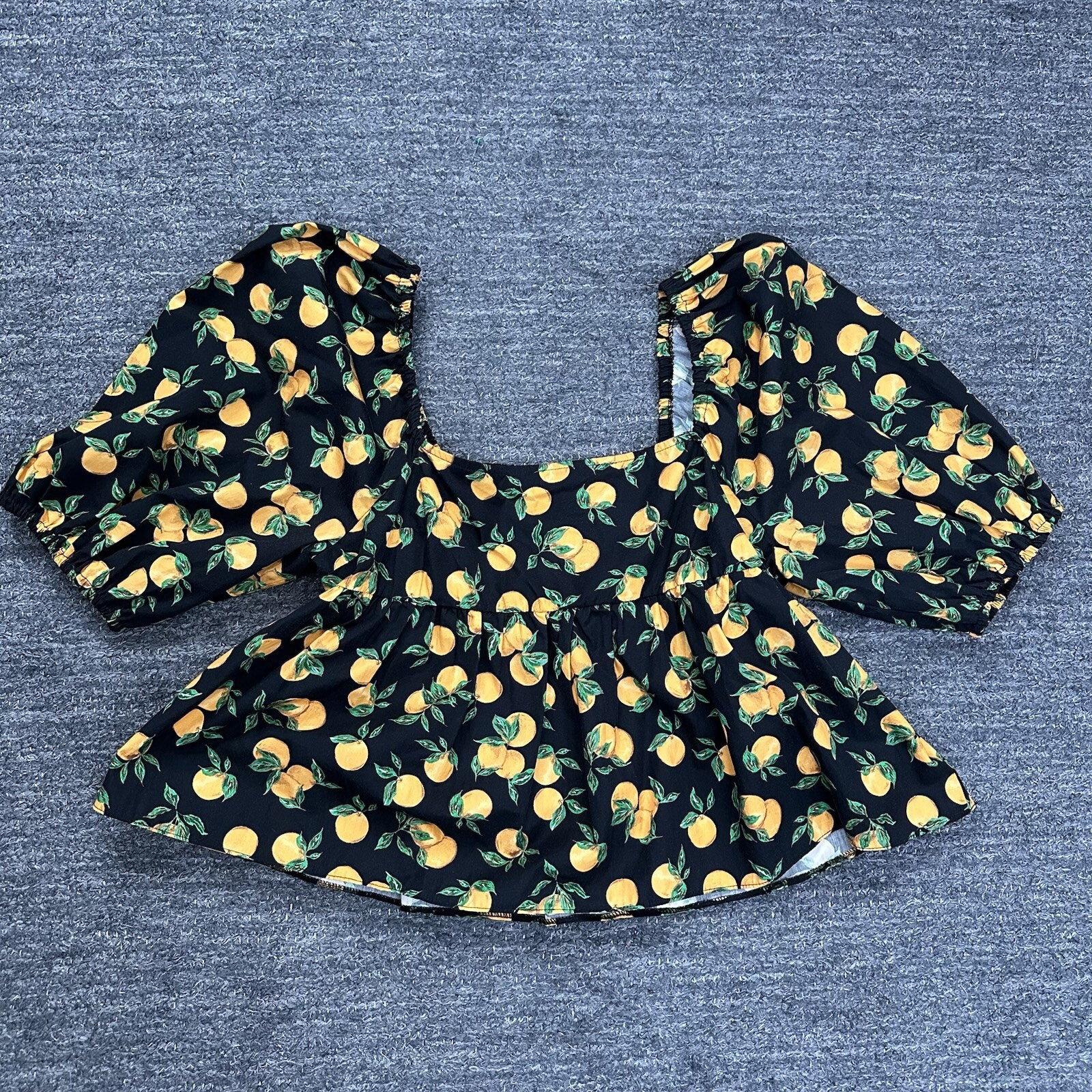 Nobodys Child Eugenia Blouse Women 10 Black Orange Puff Sleeve Shirt Top Organic