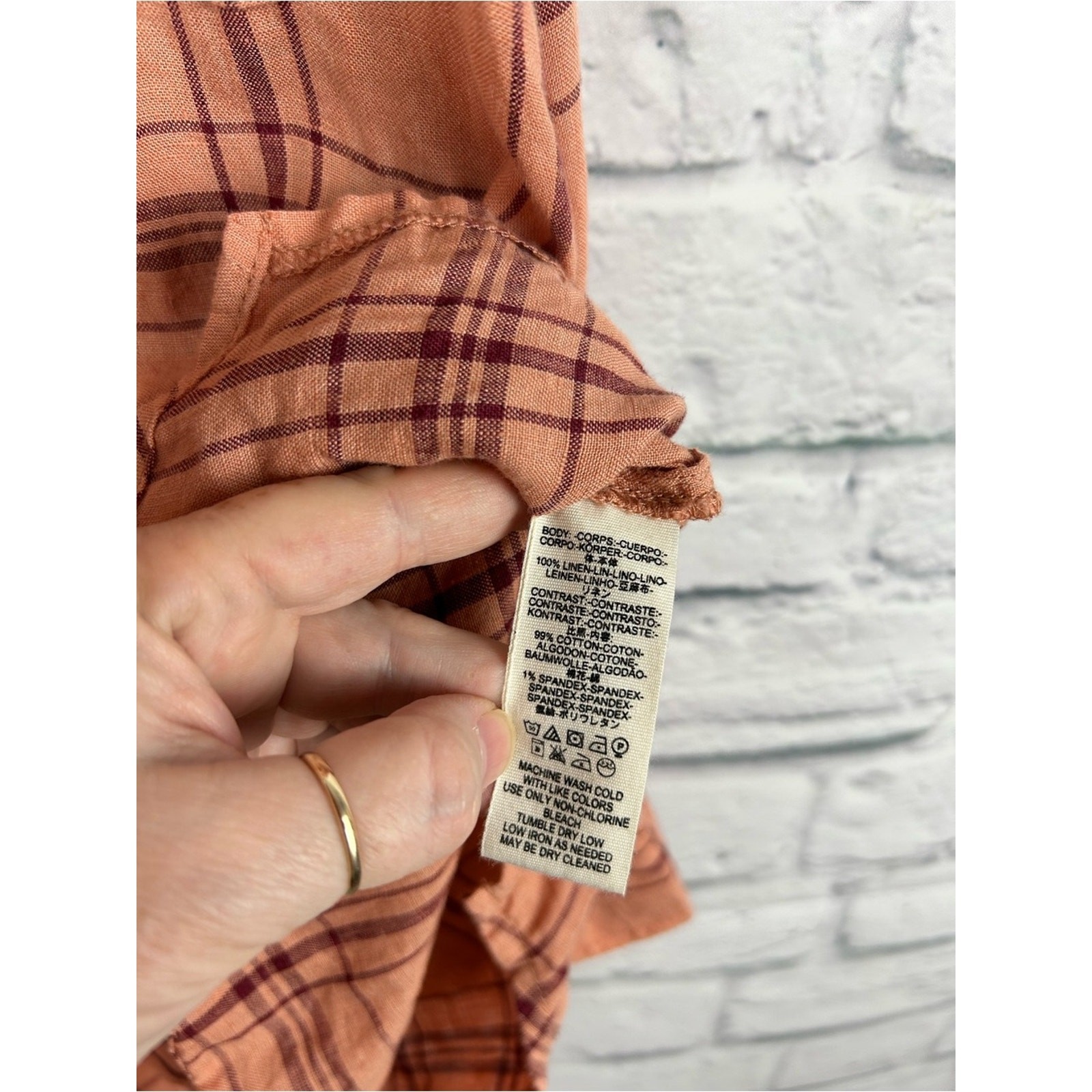 Free People No Limits Plaid Linen Shirt L Peach Button Back Tunic Oversized
