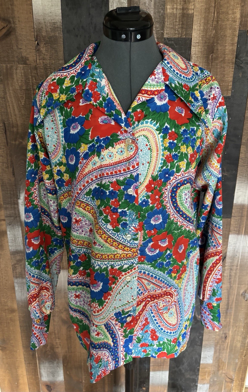 Vintage 70s Groovy Floral Paisley Boho Mod Blouse Shapely Women 13/14 Retro