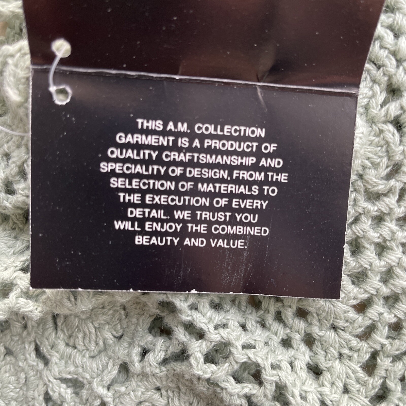 NWT A M Collection Handknit Crochet Ramie Cotton Blouse Sweater Sage Green M