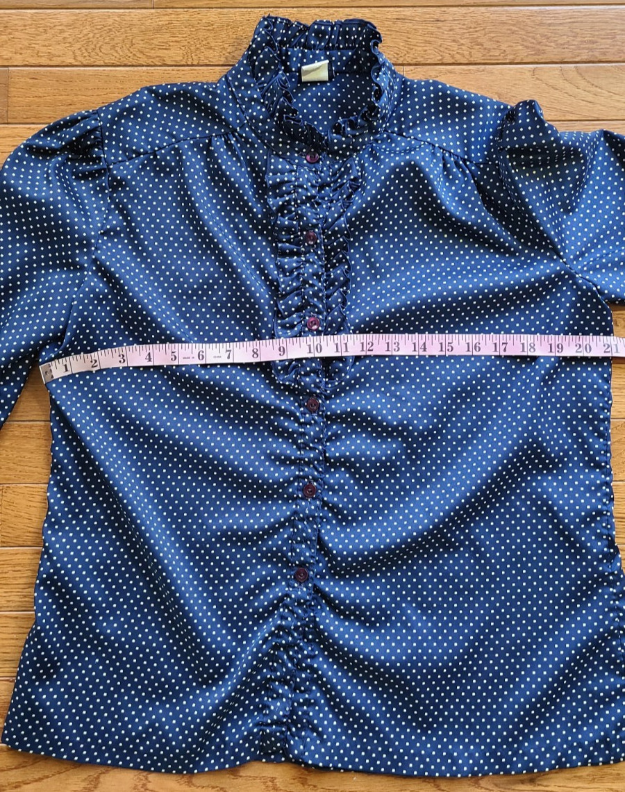 Vtg Pins & Needles Blue Polka Dot Ruffle Stand Up Collar Top USA Large Career